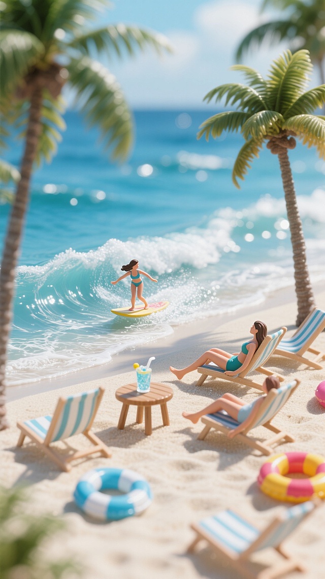 蓝色大海和椰树林，海浪，沙滩，躺椅，游泳圈，桌子上有饮料，有女生在冲浪，有女生在躺椅上晒日光浴，呈现夏日度假场景
