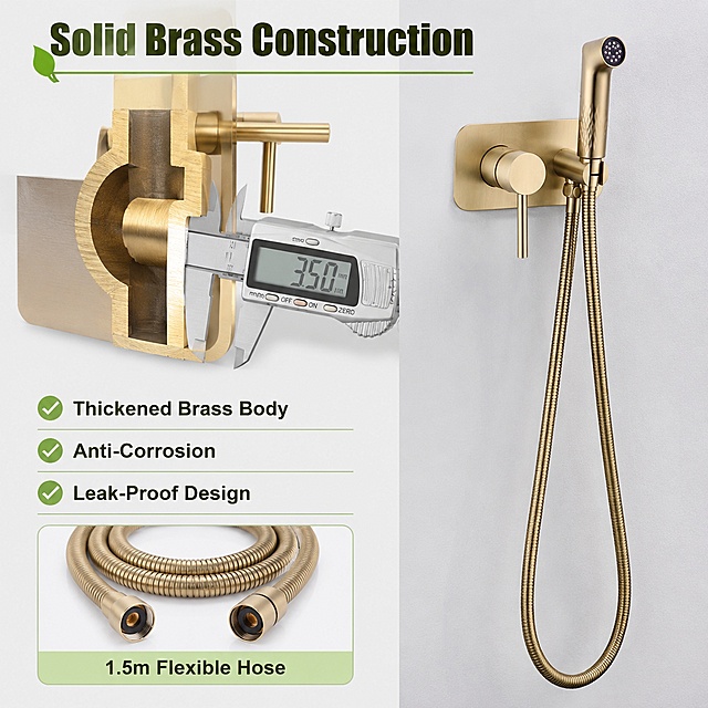 Amazon main image 7, material and construction highlight. Left side: large cross-section cutaway view of brass valve body showing thick solid brass interior wall, with digital caliper measuring the thickness. Right side: full brushed gold sprayer set mounted on light gray wall. Bold headline at top "Solid Brass Construction" in dark text. Three checkmark bullet points on left: "Thickened Brass Body", "Anti-Corrosion", "Leak-Proof Design". Small inset image at bottom showing stainless steel hose close-up with "1.5m Flexible Hose" label. Clean technical infographic style with light green accent elements. Keep product exterior shape, finish and details identical to reference images. 1:1 square, professional technical product photography, sharp details, high resolution, no Chinese text, no watermarks.