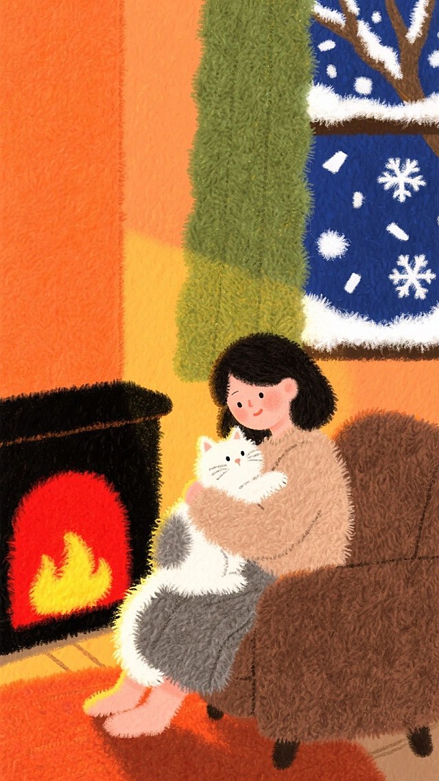 橙色调的温馨小屋场景，一个少女抱着猫咪躺在沙发上，旁边壁炉内火焰燃烧，暖光摇曳，窗外雪花和雾凇的树枝