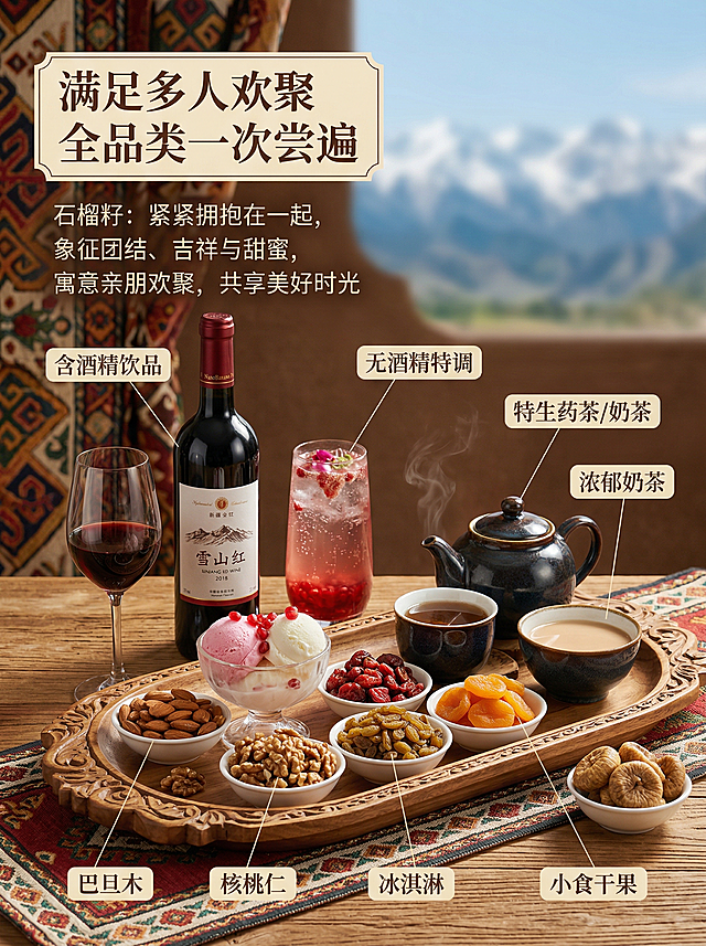 【石榴籽】多人套餐卖点展示，完全沿用之前新疆民族风风格，新疆传统花纹背景，字体采用统一复古衬线体，纯产品展示不出现人手，展示套餐包含的多品类产品：含酒精饮品、无酒精特调、特色药茶奶茶、冰淇淋、小食干果，用纤细引线分别标注品类名称，左上角小标题 "满足多人欢聚 全品类一次尝遍"，文案结合新疆石榴籽文化寓意，背景为新疆天山远景浅虚化，整体风格与之前套餐保持完全统一，背景全屏无边框