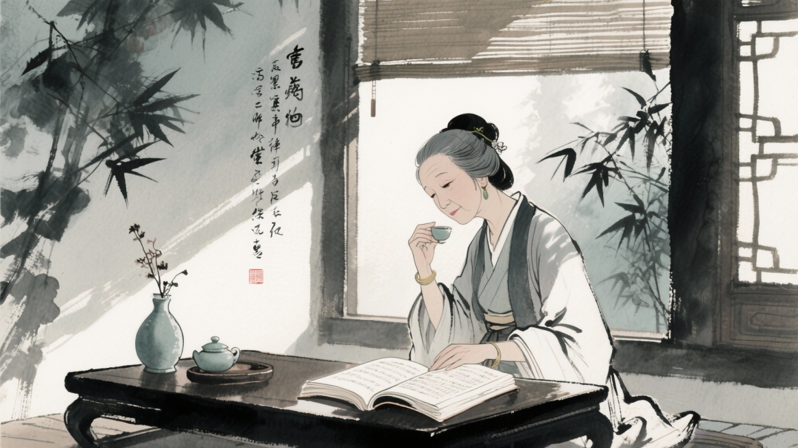 晚年女薛涛在吟诗楼中品茶读书，阳光洒在书页上预览效果
