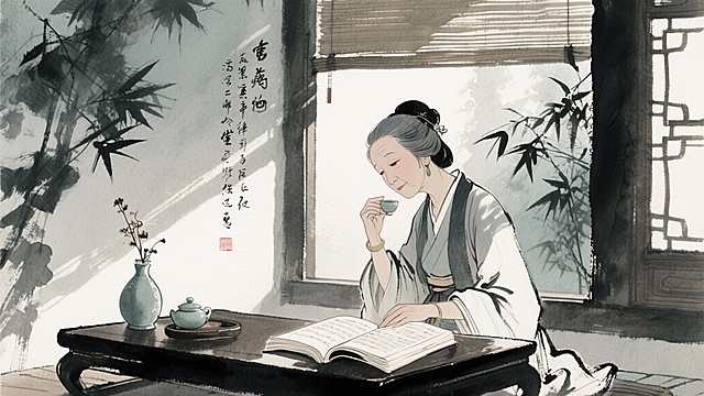 晚年女薛涛在吟诗楼中品茶读书，阳光洒在书页上