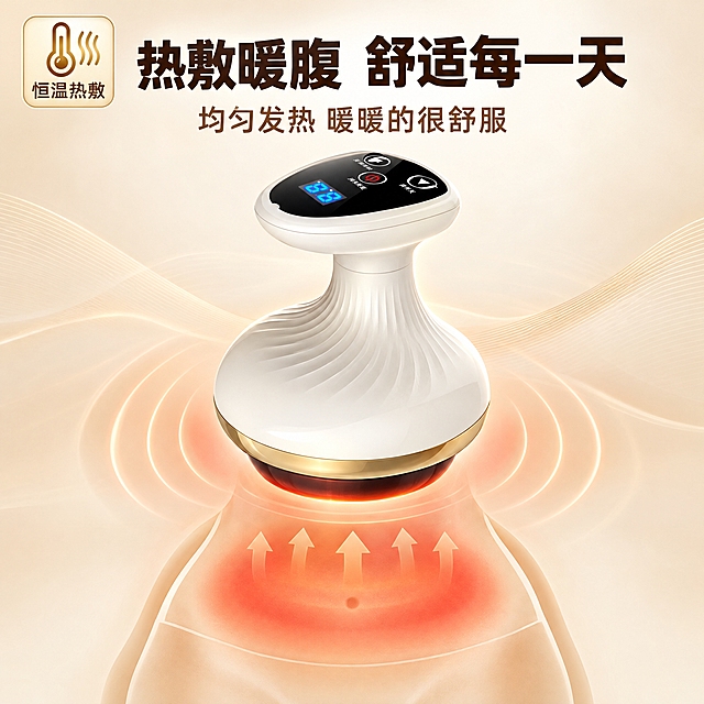 [主图-3] 电动刮痧拔罐温灸仪 热敷暖腹功能展示图 淘宝天猫中文 无真人
[统一基调] 暖金米色品质风 背景为浅米色渐变 主标题深棕黑色 辅助文字暖棕色 强调色香槟金 字体为现代无衬线粗体 字号层级分明 卡片为圆角浅金描边 整体专业品质感
[画面] 画面中央为产品主体 底部刮痧头朝下 周围环绕着柔和的暖红色光晕 表示热敷功能 产品下方放置一个简约的人体腹部轮廓示意图 用暖红色渐变填充 表示热敷作用部位 画面上方大标题"热敷暖腹 舒适每一天" 下方小字"均匀发热 暖暖的很舒服" 背景为浅米色到暖白色的柔和渐变 有淡淡的波纹线条表示热能扩散 左上角有一个温度计图标 标注"恒温热敷"
[光影质感] 商业摄影质感 暖红光晕柔和自然 产品表面有细腻光泽 金色装饰环有金属反光 整体氛围温暖舒适
[配色] 主背景浅米色渐变 暖红色热敷光晕 文字深棕黑 强调色香槟金 产品白+金
[文字版式] 顶部主标题大号粗体居中 副标题中号浅棕色居中 左上角温度计图标+小字标注 文字不遮挡产品主体
[输出要求] 1:1比例 2K高清 产品清晰完整 文字清晰可读 无真人 无身体裸露 无变形 无错字 无水印 无平台Logo