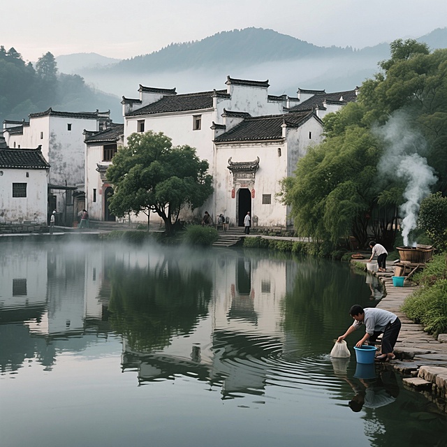 生成4张以上与安徽家乡主题相关的宣传图片（如风景、人文、未来想象图等）。每张图片需注明生成所用的提示词，并附简短设计说明