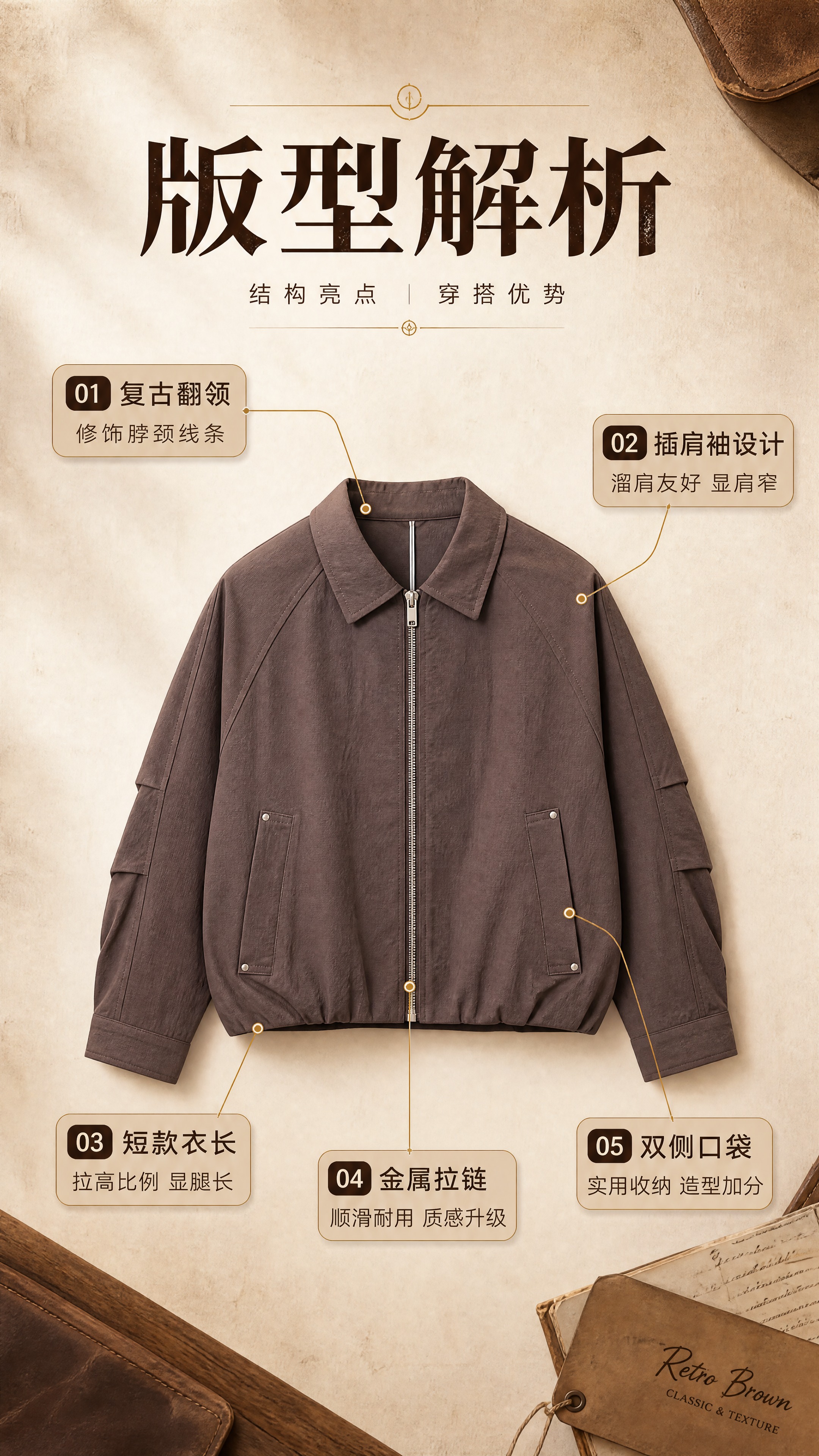 [商品] 使用【图1】深棕色翻领短款夹克；商品处理：保留翻领、… - 图片创意预览
