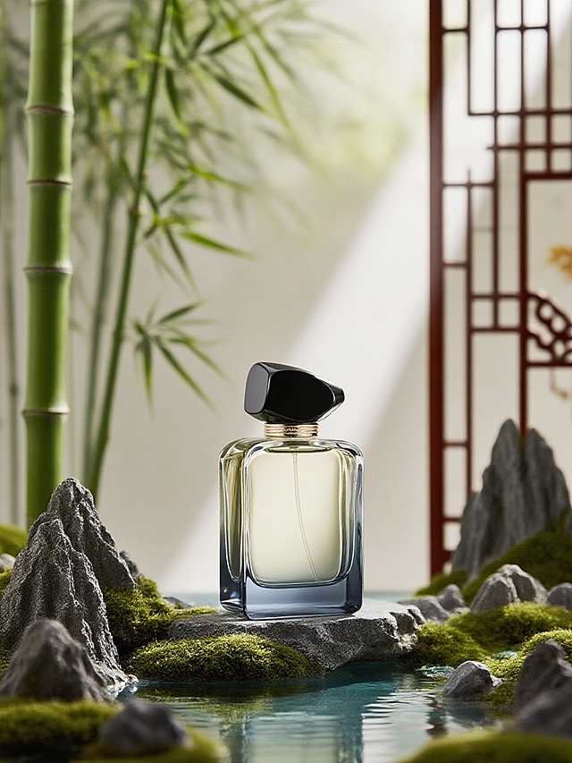 新中式风格，竹子，奇特的假山，屏风，斑驳的光影、产品摄影，精致的光泽，模糊的背景，亮色调