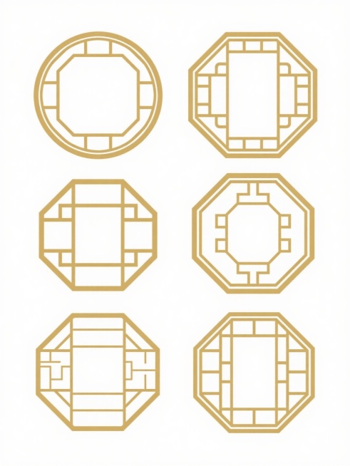 六个中国传统窗棂图案，金色线条构成，包含圆形和八边形两种基本形状，每个窗棂都有独特的几何镂空花纹，线条粗细均匀，边缘光滑，整体呈现出典雅的中式风格，白色背景，图案排列整齐，具有对称美感和传统韵味。预览效果