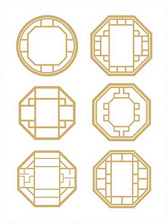 六个中国传统窗棂图案，金色线条构成，包含圆形和八边形两种基本形状，每个窗棂都有独特的几何镂空花纹，线条粗细均匀，边缘光滑，整体呈现出典雅的中式风格，白色背景，图案排列整齐，具有对称美感和传统韵味。