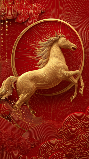 国潮电商海报，仰视构图，红色渐变背景从深红到朱砂红，中心位置一匹3D鎏金骏马昂首奔腾踏破云层，马身缠绕金色闪电特效，马尾扬起金色粒子。顶部边缘点缀传统祥云纹与LED灯串效果。光线从马身后方放射状照射，预览效果