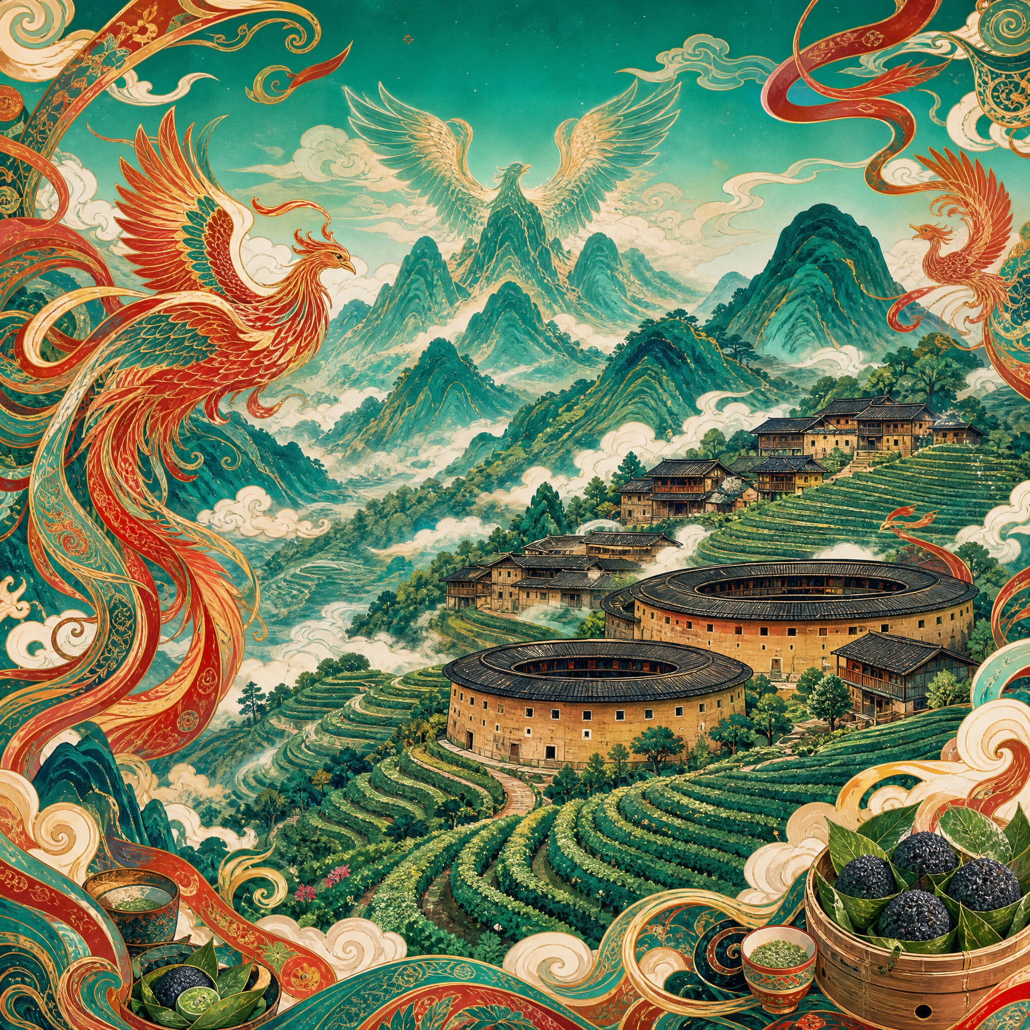 国潮风景插画，畲族主题，凤凰山云雾缭绕，畲族村寨的土楼和木屋建… - 图片创意预览