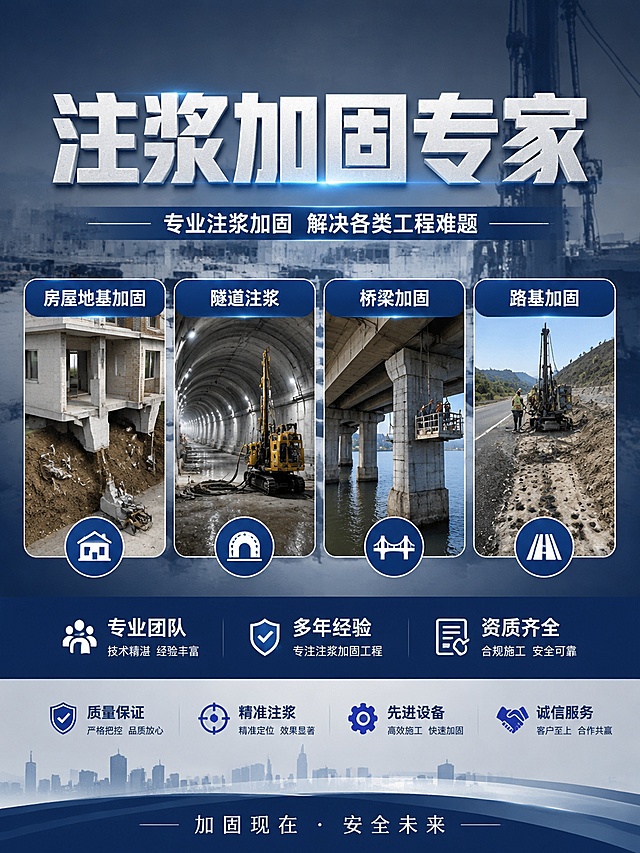 注浆加固服务宣传海报，专业建筑工程风格，画面上方大字"注浆加固专家"，中间展示多种应用场景图标：房屋地基加固、隧道注浆、桥梁加固、路基加固，四个场景小图排列，下方文字"专业团队 多年经验 资质齐全"，蓝灰色工业背景，3:4竖版构图