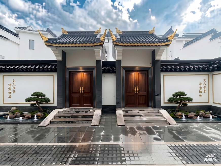 使用图二的大门、屋檐和围墙新中式风格元素优化图一，替换图一对应的大门、屋檐和围墙部分，保持图一原有的建筑整体比例和空间结构不变预览效果