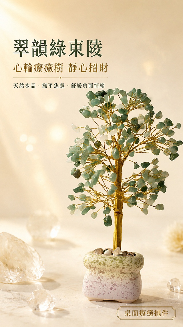 [第1屏] 详情页头图-翠韵绿东陵心轮疗愈树主视觉海报。本屏使用【图1】作为商品主体。
[氛围/风格] 治愈能量系，米白暖调，简洁有画质，商业摄影质感，繁体字体，不花哨。
[元素布局] 绿东陵水晶树置于画面中央偏右，占比约60%-65%；左侧留标题区，底部为米白色柔和台面；背景为渐变米白到浅杏色，点缀柔和光晕、淡淡光斑与几片天然白水晶碎石作为氛围道具；水晶树的金色铜线树干、绿东陵碎石叶片、马卡龙色陶瓷花盆的结构、材质、颜色与输入产品图完全一致。
[光影质感] 左上方柔和暖光照明，右下方自然淡影，水晶颗粒保留通透高光，整体温暖宁静，有疗愈光晕感。
[配色色系] 全局底色 #F5F0E8（米白暖杏）；主色绿东陵薄荷绿、金色铜线；辅助色米白、浅杏、淡粉紫花盆。
[视角构图] 正面微仰视，产品为视觉中心，阅读动线左上标题 → 中央产品 → 底部信息条。
[文字版式] 版式为左上标题 + 中央产品 + 底部信息条。主标题「翠韻綠東陵」，副标题「心輪療癒樹 靜心招財」，两行繁体宋体/明体字左对齐；标题下方小字「天然水晶 · 撫平焦慮 · 舒緩負面情緒」；底部右侧信息条「桌面療癒擺件」；文字不遮挡水晶树主体，字色为深墨绿与暖金双色，全套统一。
[比例分辨率] 9:16 竖版比例，4K 分辨率，文字清晰可辨，高清画质。
[负向提示词] 水晶树变形，缺件错件，颜色偏差，水印，文字错乱，产品图模糊，背景杂乱，简体字，花哨图案。