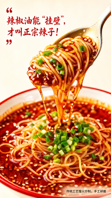[第4屏] 红油挂壁质地特写-重庆小面产品。
[氛围/风格] 极致食欲特写，油润光泽感，商业微距摄影，突出正宗红油特质。
[元素布局] 画面主体为用勺子舀起的重庆小面红油，展示红油拉丝挂壁的状态，红油预览效果