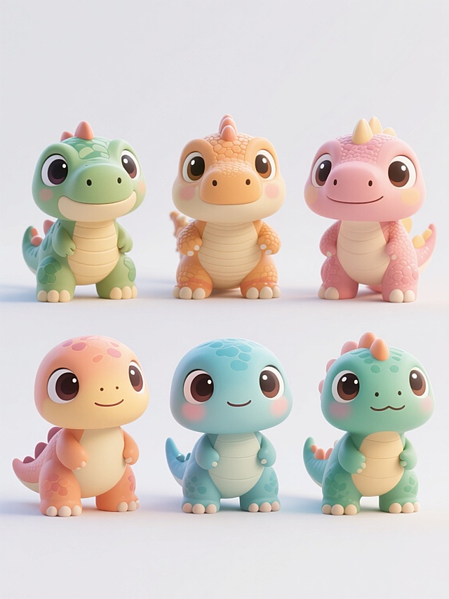3D Q版风格，六个不同外貌、不同造型、不同品种的可爱恐龙，每个恐龙都具有圆润饱满的造型，大大的眼睛带着高光，色彩鲜明柔和，身体有细腻的纹理和渐变效果，四肢短小粗壮，表情呆萌可爱，它们整齐地排列在纯白色背景上，整体画面干净简洁，充满童趣和立体感。
