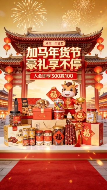 电商马年年货节促销海报，采用高饱和度红金配色，营造极致热闹的节日氛围。
背景是一座宏伟的中式牌楼，飞檐翘角，挂满红灯笼，天空中绽放着绚烂的金色烟花，深浅金色渐变天空底色，地面铺着红地毯，远处是灯火辉煌预览效果
