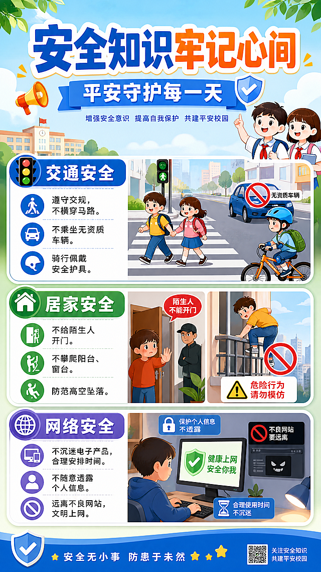 学生安全教育宣传海报，内容包含：交通安全：遵守交规，不横穿马路，不乘坐无资质车辆，骑行佩戴安全护具。居家安全：不给陌生人开门，不攀爬阳台、窗台，防范高空坠落。网络安全：不沉迷电子产品，不随意透露个人信息，远离不良网站。主标题"安全知识牢记心间"，副标题"平安守护每一天"，整体风格醒目清晰，适合科普宣传，分区排版，版式精美，9:16比例
