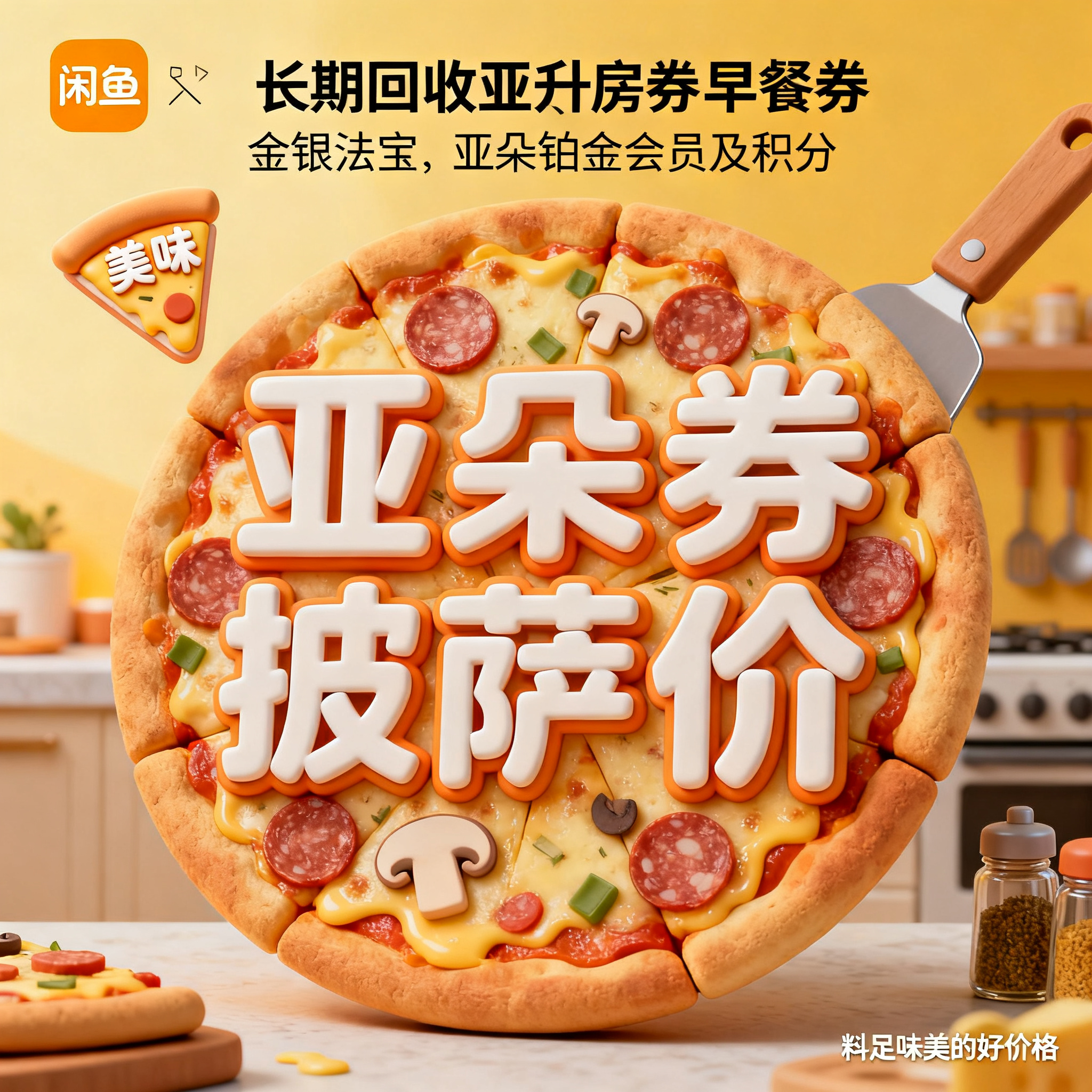 软3D风格，闲鱼大字封面，主题为长期回收亚朵升房券早餐券金银法… - 图片创意预览