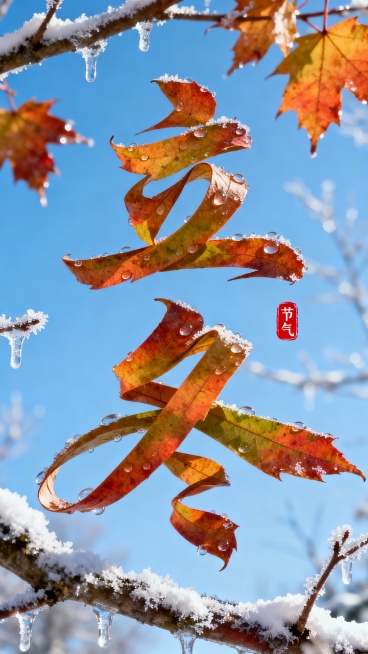 枫叶叶片拉长扭曲变形成”立冬” 二字，叶片上有晶莹的露珠点缀。背景是一片晴朗的蓝天，画面中穿插着带有冰霜和薄雪的树枝，营造出冬日温暖的氛围。“立冬” 文字位于图像的中上部，红色小印章”节气“点缀，整体预览效果