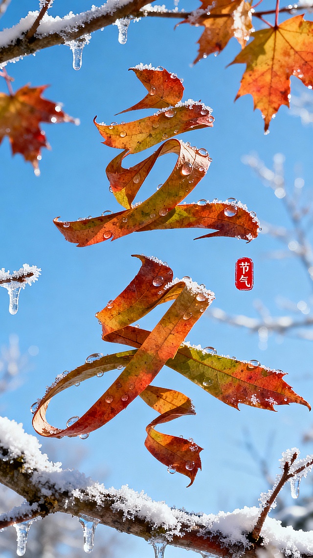 中式水墨风融合实景光影，秋叶化字“立冬”，晶莹水珠与雪枝相映，清透唯美，尽显节气诗意与自然优雅。