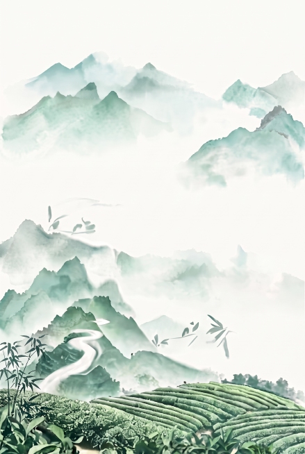 只去除图片右下角的脏污，完整保留原图的茶园内容和所有原画面元素，保持原有的水墨山水风格不变预览效果