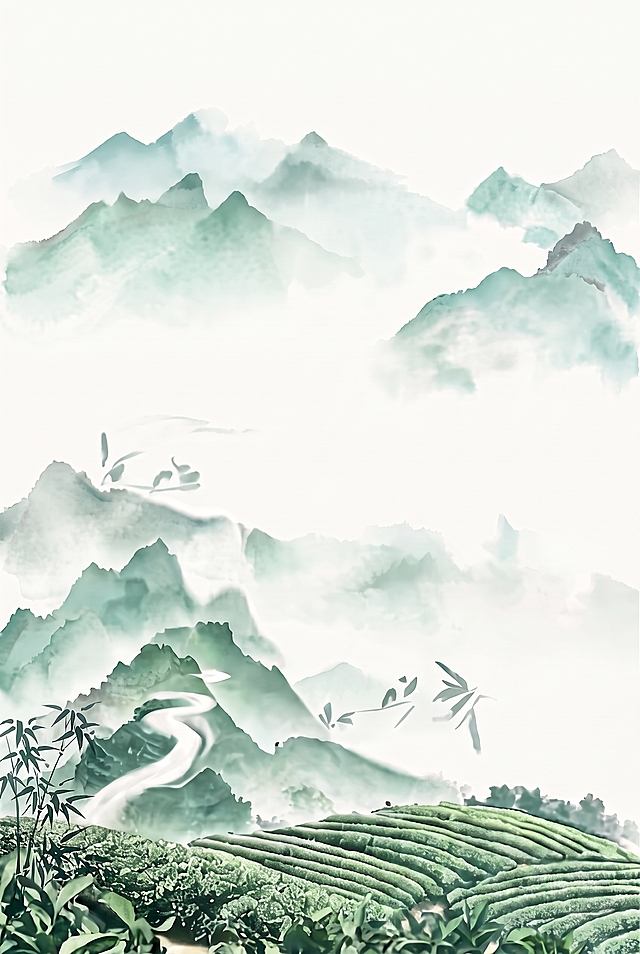 只去除图片右下角的脏污，完整保留原图的茶园内容和所有原画面元素，保持原有的水墨山水风格不变