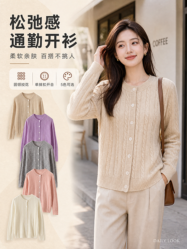[商品] 使用【图1】浅米色、【图2】香芋紫、【图3】灰色、【图4】粉色、【图5】奶白色圆领绞花针织开衫；商品处理：保留圆领、绞花纹理、单排扣、罗纹收口、长袖版型和各款颜色；自然理顺垂坠，增强针织纹理、缝线和纽扣质感，不改变版型结构。
[画面] 页面目标：风格头图海报，吸引注意营造松弛通勤氛围。构图：左文右图，右侧一位亚洲年轻女模特身穿浅米色开衫站在极简咖啡店门口，姿态自然松弛，左手插袋右手轻撩头发；左侧上方叠放5色开衫小图错落排列，展示多色选择。主体占比65%，前景模特中景，后景虚化咖啡店街景。阅读动线从左上标题到右侧模特再到左下多色小图。
[视觉] 套系策略：风格=高级松弛感时尚商业摄影；标题字=现代无衬线粗体；正文字=简洁无衬线体；主色=浅米杏；背景延展=基于浅米杏做深浅层级、同色渐变和细腻织物/纸张质感；强调色=奶茶棕，仅用于小面积图标、引线和标签；标题色=深炭灰；正文色=中暖灰；组件=圆角浅底信息卡、细线引线；光影=左前侧暖柔光。
[文字] 左上主标题「松弛感通勤开衫」，副标题「柔软亲肤 百搭不挑人」，下方3个短卖点「圆领绞花」「单排扣开合」「5色可选」。文字不遮挡模特主体和开衫关键部位。右下角小号英文装饰「DAILY LOOK」。
[规格] 图片比例3:4竖版，4K，避免变形、错字、文字过小、冷蓝/蓝灰背景、衣服颜色改变、版型失真、水印、平台Logo。