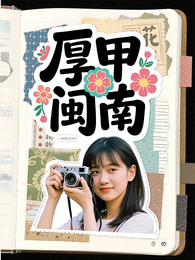 清新文艺手账风，拼贴设计甜美感，少女持相机，展现厚甲闽南的温馨与美好。