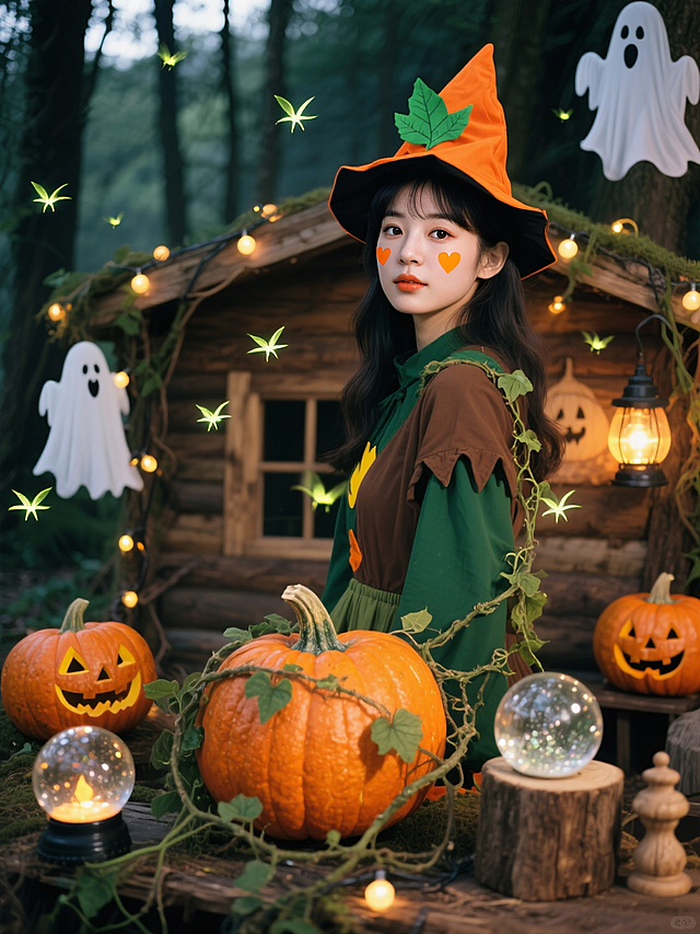 梦幻温馨的万圣节场景，拟人化南瓜与发光粒子点缀森林小屋，卡通风格巫师少女置身其中，光影交错，虚拟现实感十足。