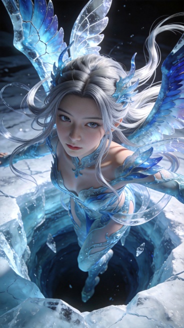 CG厚涂超现实手法，融合英式动画风格与国风3D造型，特写超高清画面，主体是冰封深渊浮起的东方冰凰少女，身体夸张抽象变形，冰蓝羽翼和银白长发融合，背景是凛冽冰蓝与霜白色，极寒黑暗中抬眸看外界，表情清冷带预览效果