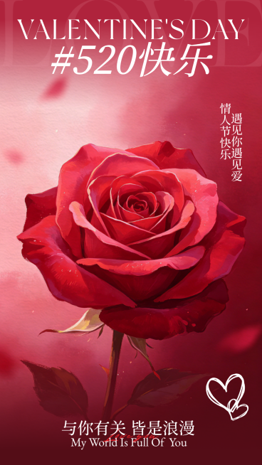 520情人节节日祝福红色唯美插画竖版海报预览效果
