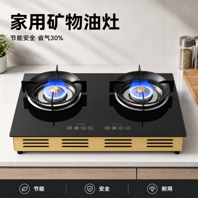 [主图-1] 家用矿物油灶厨房场景首图
[氛围风格] 现代简约干净厨房场景，品质实用风
[画质] 商业摄影质感、光线明亮通透、产品清晰真实、画面干净高级
[元素] 严格保持原产品配色（黑色玻璃面板+金预览效果