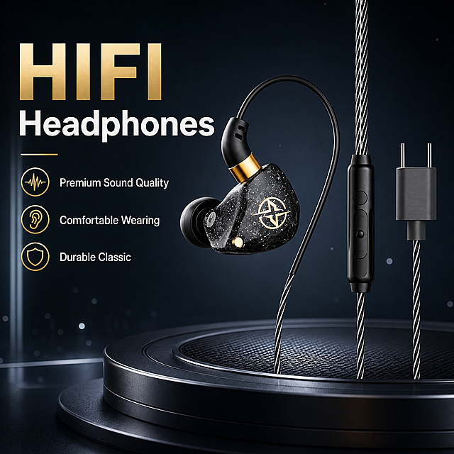 Generate a professional Shopee main image based on the headphones in the picture. Keep the product appearance, structure, color and logo consistent with the original image, no distortion. The style is professional technology, suitable for cross-border e-commerce. Product accounts for 55% of the picture. Layout with text on the left, product on the right: the main title on the upper left is "HIFI Headphones" in large bold English, below which are three selling points each on a separate line: "Premium Sound Quality", "Comfortable Wearing", "Durable Classic", concise English text, all text clear and readable, no occlusion on product. Background uses dark gradient technology style with soft light particle effect, bottom with dark metal matte platform. Light from the left side, soft side light to highlight the metal and translucent material texture, clear focus, commercial photography high-definition texture, 1:1 square, in line with Southeast Asian market aesthetics. Negative: deformation, watermark, text confusion, Chinese characters, messy background, product occlusion.