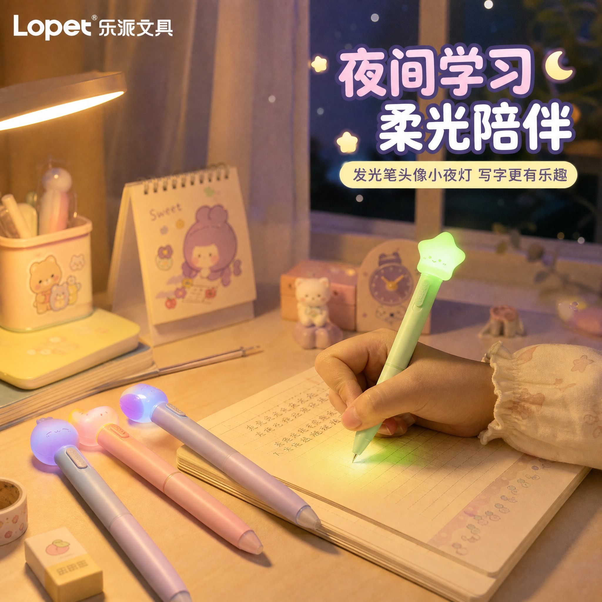 [主图-4] 使用场景图，展示学生在书桌前使用发光可擦笔的真实… - 图片创意预览