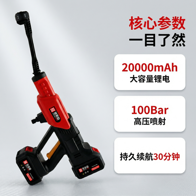 [主图 2] 核心参数亮点展示
[氛围/风格] 简约科技风，清晰通透
[画面元素] 保持原洗车枪产品外观形状不变，产品放在左侧，右侧用三个圆角卡片展示核心参数，背景为渐变浅灰科技质感台面，光线从侧面打预览效果