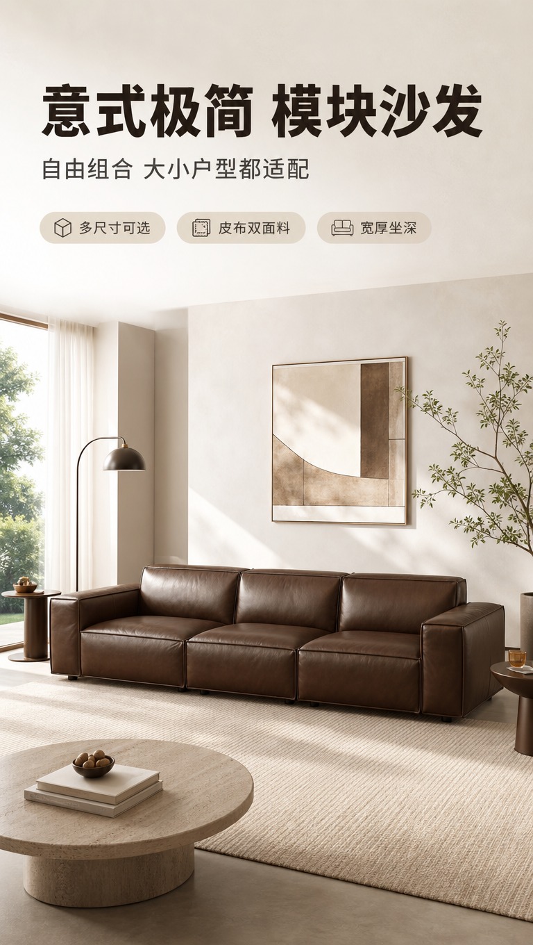 [商品] 使用【图1】深棕色皮质三人位模块沙发；保留方正箱体结… - 图片创意预览