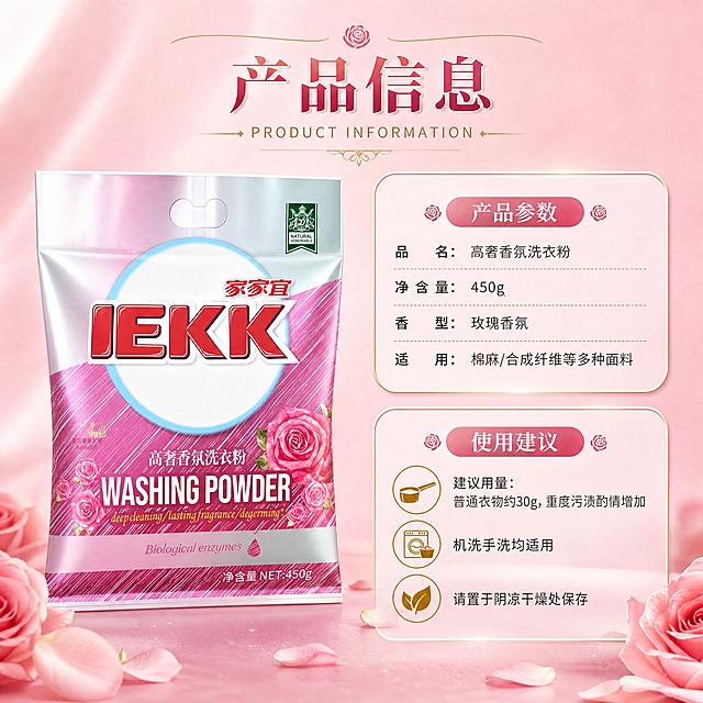 [商品] 使用【图1】家家宜高奢香氛洗衣粉450g袋装；保留包装袋结构、颜色、Logo、文字和玫瑰图案；修复褶皱，袋型饱满，文字清晰。
[画面] 目标：规格信息页，展示产品参数与使用说明。构图：左侧产品立放展示全貌，占画面40%；右侧信息卡区域，分上下两部分：上半部分产品参数，下半部分使用建议与用量说明。背景为柔雾玫粉色渐变，底部装饰玫瑰花瓣元素。景别：中景，产品完整展示。
[视觉] 套系策略：风格=高级香氛感家居清洁商业摄影；标题字=优雅衬线粗体+黑体组合；正文字=简洁无衬线黑体；主色=玫粉玫瑰金；背景延展=基于玫粉色做深浅渐变、柔雾质感和玫瑰金光泽点缀；强调色=香槟金，仅用于小面积图标、引线、标签和装饰线条；标题色=深玫红+香槟金渐变；正文色=深暖灰；组件=圆角半透明信息卡、细金线分隔线、玫瑰图标；光影=左前侧柔光，产品底部柔和投影。
[文字] 顶部主标题"产品信息"；参数区：品名"高奢香氛洗衣粉"、净含量"450g"、香型"玫瑰香氛"、适用"棉麻/合成纤维等多种面料"；使用说明区："建议用量：普通衣物约30g，重度污渍酌情增加""机洗手洗均适用""请置于阴凉干燥处保存"；所有文字横向排版，清晰易读。
[规格] 图片比例1:1，4K，负向提示：避免变形、错字、文字过小、包装文字错乱、冷蓝灰背景、虚假参数承诺、绝对化用语。