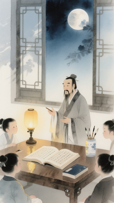书案前，油灯照亮书卷，笔筒。夫子讲解，学子专注听讲。中式淡彩风格，暖色调为主，背景冷色调（花青、墨色）为主。中式窗，月色朦胧。预览效果