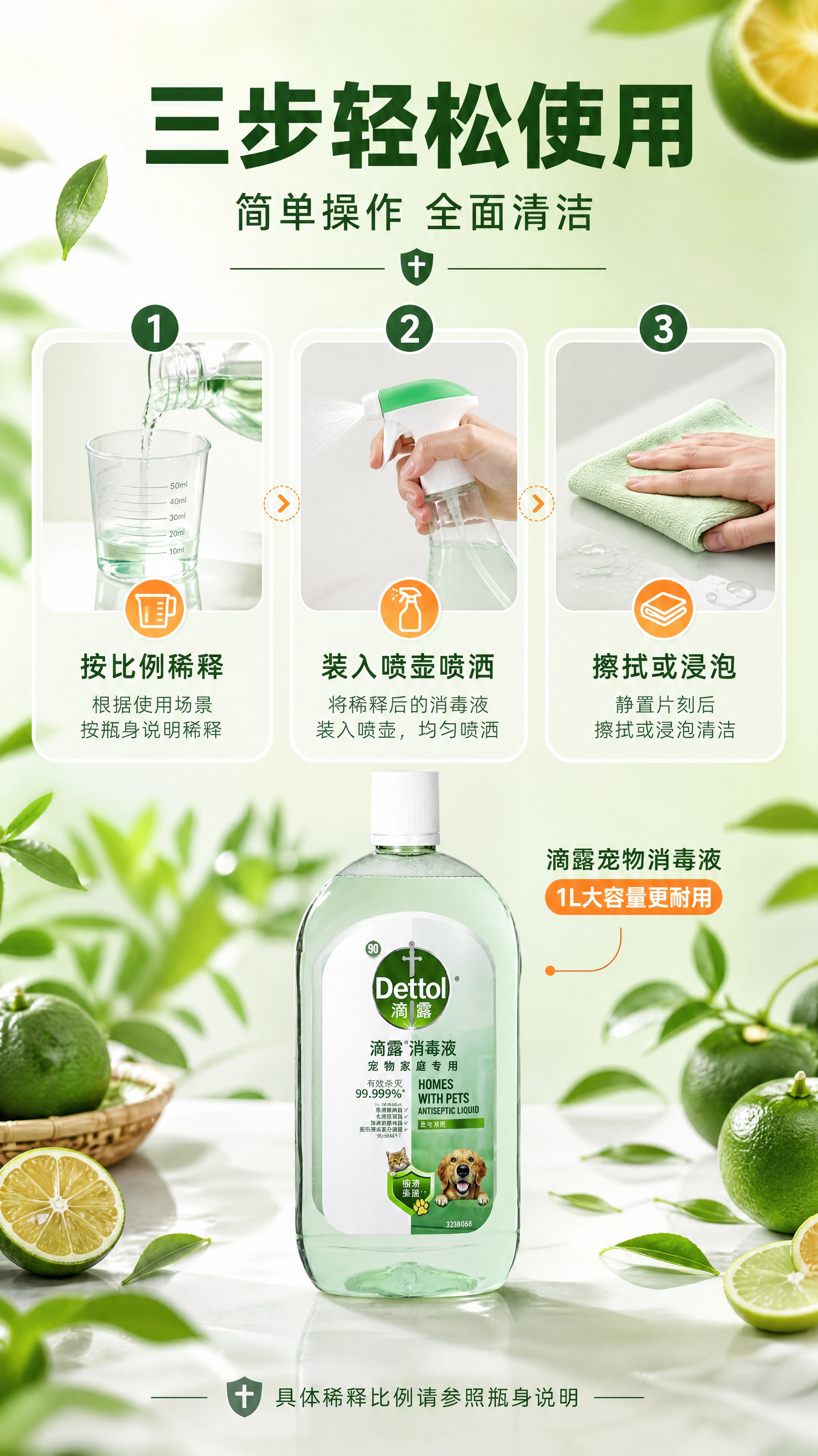 [商品] 使用【图1】滴露宠物消毒液1L装茶语青柑香透明绿瓶；… - 图片创意预览