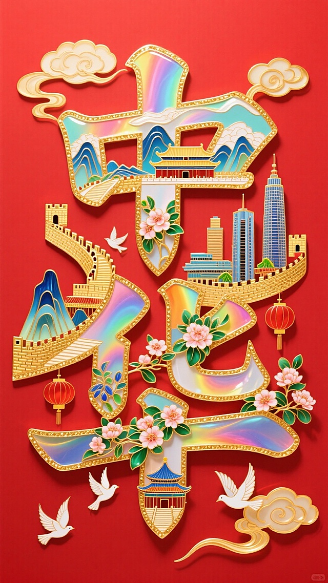 字体设计，“中华”字笔画进行解构用元素拼接而成，文字笔画填充建筑（长城、山脉、故宫、天坛、高楼大厦等）、鲜花、灯笼，白鸽点缀，光影交织，边缘环绕着金色的祥云，红色背景