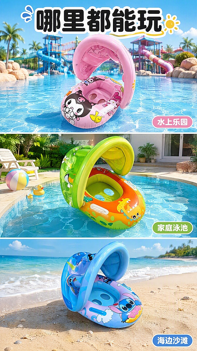 [第7张] 使用场景页-多场景拼图展示。本张使用【图2】粉气球款、【图3】小恐龙款、【图6】史迪仔款分别对应不同场景。
[氛围/风格] 生活方式拼图风，三格场景展示，夏日活力感。
[元素布局] 画面分为上中下三格：上格-水上乐园场景（粉气球款），中格-家庭泳池场景（小恐龙款），下格-海边沙滩场景（史迪仔款）；每格占比约30%；各款游泳圈结构、颜色、图案与对应输入图一致。
[光影质感] 每格独立光影，均为明亮自然光，整体统一夏日阳光感。
[配色色系] 全局以蓝色系为主调；上格蓝粉配色，中格蓝绿配色，下格蓝紫配色；整体和谐统一。
[视角构图] 三格竖排拼图布局，每格独立场景视角，阅读动线从上到下逐格阅读。
[文字版式] 顶部大标题「哪里都能玩」，圆润粗黑体，跨格显示；每格右下角小标签：「水上乐园」「家庭泳池」「海边沙滩」；文字清晰不遮挡主体。
[比例分辨率] 9:16竖版比例，4K分辨率，文字清晰可辨，高清画质。
[负向提示词] 产品变形，颜色偏差，水印，文字错乱，拼接痕迹明显。
