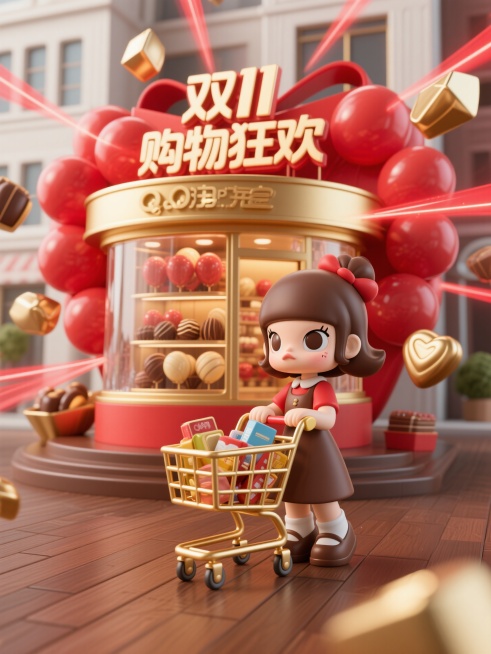 3D Q版双十一海报，穿红棕色连衣裙的女生推着装满物品的金色购物车，站在棕色地板上，背景是巨型红色气球巧克力礼盒建筑，礼盒外侧有圆形金色店招牌，透明气球窗户内可见多层气球巧克力展示架，上方3D立体字“预览效果