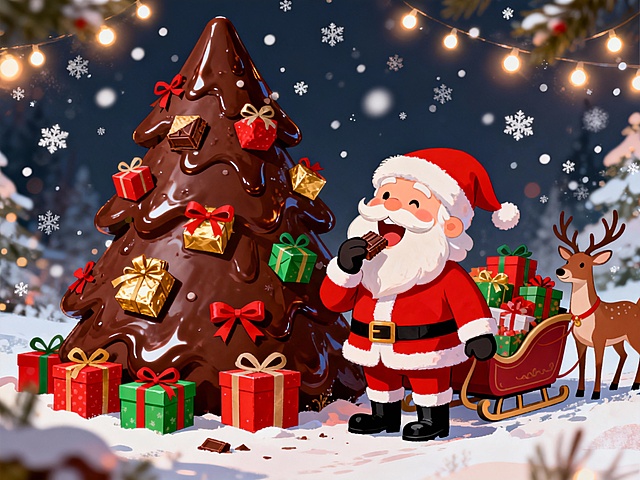卡通风格圣诞插画，巧克力融化的拟物树与礼物堆叠，液态质感与暖光串灯营造喜庆氛围，圣诞老人享巧克力，驯鹿静立，节日温馨满溢。