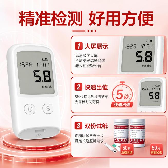 [主图-3] 性能技术特点展示图
[氛围风格] 专业科技感，突出产品性能优势
[画质] 商业摄影质感，细节清晰，参数可读，画面高级干净
[元素] 左侧放置血糖仪整机特写，右侧分三个区域展示核心性能：1预览效果