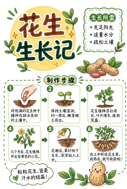 参照参考图的排版风格，做一张花生生长记手抄报，尺寸210*297，马克笔手绘风格，绿色清新配色，图文结合展示花生生长过程，标题醒目，分步骤展示生长阶段，整体风格和参考图一致，马克笔手绘质感，手抄报排版预览效果