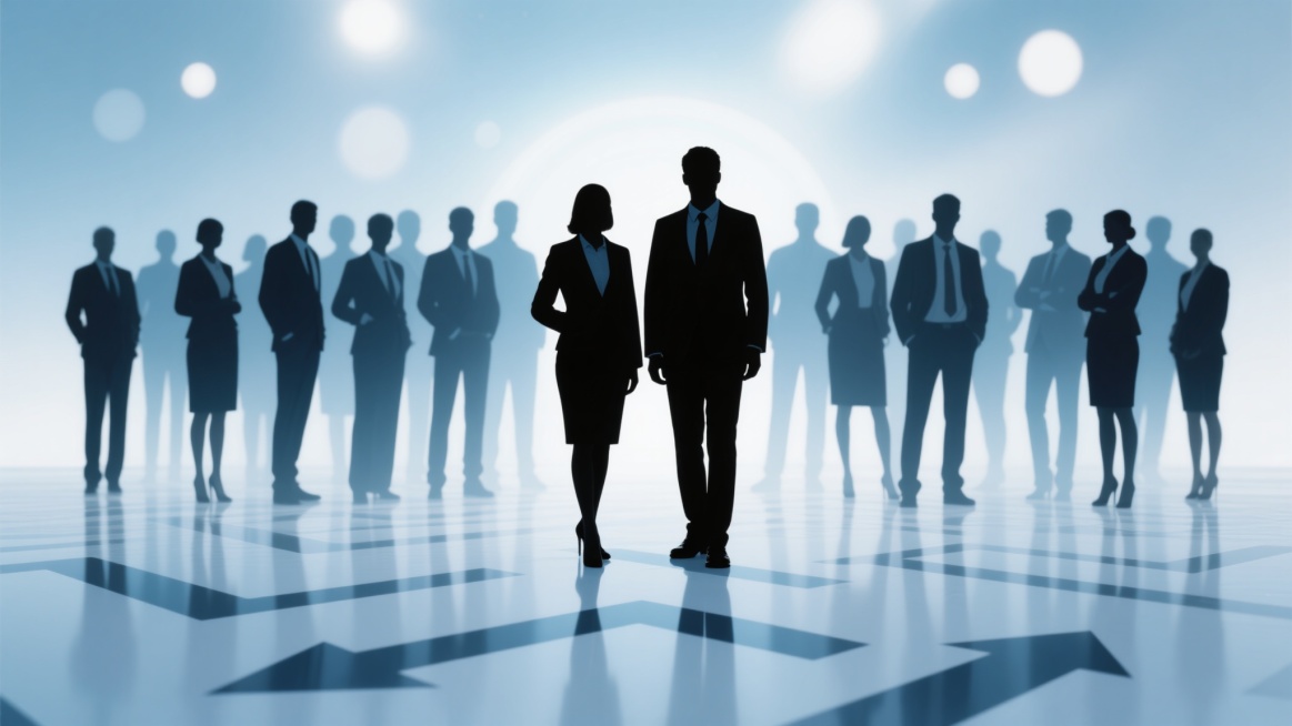 现代简约风格团队背景，一群身着商务正装的职业人士剪影，前景有一对核心人物并肩而立，后方围绕着更多团队成员，整体呈现半透明渐变效果，柔和的蓝白色调，背景带有光晕和光斑效果，地面有几何箭头图案和人物倒影，营造出专业、团结且充满希望的氛围，光线明亮柔和，构图居中对称，视觉焦点突出，适合商务团队展示。预览效果