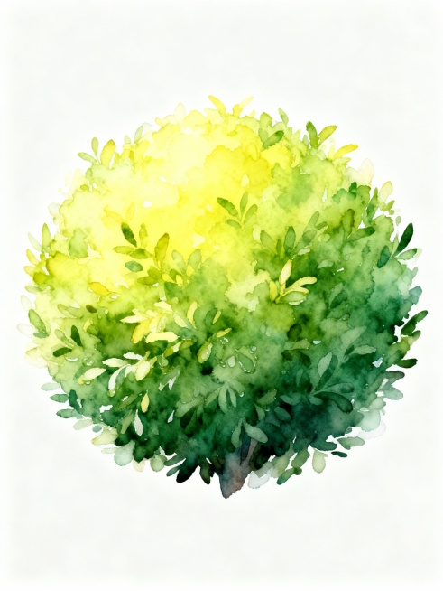 一幅水彩风格的圆形灌木插画，整体呈现柔和的绿色调，从中心的嫩黄绿色逐渐过渡到边缘的深绿色，色彩晕染自然且富有层次感。采用湿画法技巧，叶片边缘模糊柔和，具有明显的水彩透明质感和湿润晕染效果，笔触轻盈灵动，展现出蓬松茂密的植物形态。构图为简洁的圆形对称布局，中心区域色彩明亮饱满，边缘颜色渐深并带有自然的虚化效果，背景为纯白色，突出主体植物的清新与生机，整体画面宁静和谐，充满手绘艺术的温暖感。预览效果