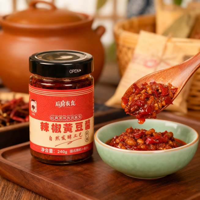 生成类似风格的辣椒黄豆酱美食商业图，保持酱产品和包装本体完全不变，包装形状、结构、图案、文字均不修改，保留酱料原有颜色、颗粒大小、酱豆形态、稠度、光泽不修改，构图类似原图，更换为全新不同的背景和道具布预览效果