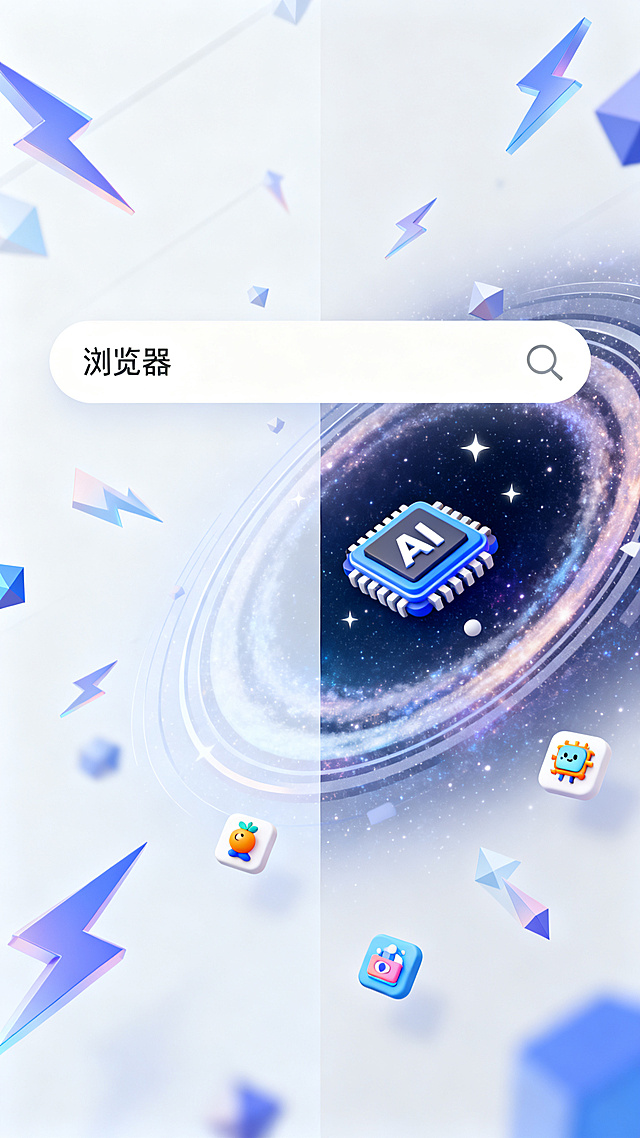 简约科技风2.5d网络服务浏览器APP主图，浅色系背景铺满全图，整体体现快速顺畅科技感，搭配渐变几何闪电和星云圆环轨迹，包含浏览器界面搜索框，搜索框里写着“浏览器”，广告图形虚化消除，在画面二分之一往下一点位置加入一个超值好物主题的AI芯片卡通小图标，图标占比10%-25%，图标不重复，9:16构图