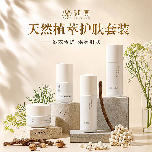 [第1屏] 详情页顶部大图-述真护肤套装品牌宣传海报
[氛围风格] 高端美妆品牌风格，米白色主色调，商业级摄影风格，超高清4K画质，背景有柔和光晕，整体高级干净
[元素布局] 保持产品包装结构、瓶型、Logo、文字和整体外观与输入图片一致。四款护肤品整体展示在画面中央偏下区域，保持瓶身晶莹剔透质感。顶部预留充足位置放品牌和宣传标题，背景为纯净米白色，搭配浅棕色植物光影装饰，不产生多余留白。整体无边框满铺
[光影质感] 正面柔和主光，背景带朦胧植物光晕，瓶身保留清晰高光，整体通透高级，产品轮廓清晰真实
[配色色系] 全局底色：#F5F0E8（米白）；文字配色：#966F33（金色）/#7A5C38（棕褐色）；产品主体为白色；辅助色：浅米色背景+浅棕色光影
[视角构图] 正面平视，产品整体占据画面下半部分60%区域，顶部留出品牌标题区域，构图饱满
[文字版式] 顶部居中放置品牌Logo"述真"和品牌标识，下方主标题大字号金色文字"天然植萃护肤套装"，副标题棕褐色文字"多效修护 焕亮肌肤"，点明品牌和套装功效，文字清晰不遮挡产品主体，文字不能变形。品牌和主标题占上半区域，产品占下半区域，整体排版吸睛
[比例分辨率] 1:1 正方形，4K超高清分辨率，文字清晰可辨
[负向提示词] 文字变形，文字错乱，产品变形，缺件错件，结构错误，水印，背景杂乱，多余留白